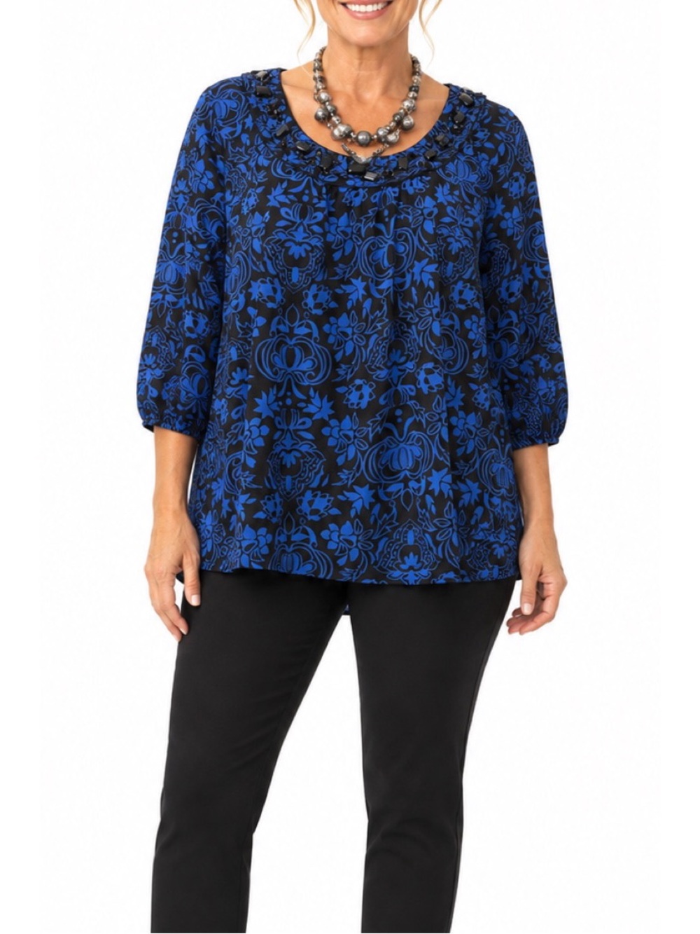 Covington blue and black paisley print embellished top, size XL